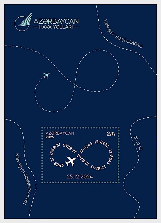 2026 Postage Stamp dedicated to the Tragedy that Occurred during Azerbaijan Airlines Flight J2-8243 from Baku to Grozny - Miniature Sheet