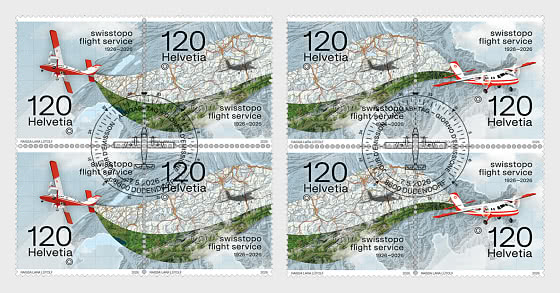 2026 PRE-ORDER 100 лет авиаперевозкам Swisstopo - Блок из 4 СТО