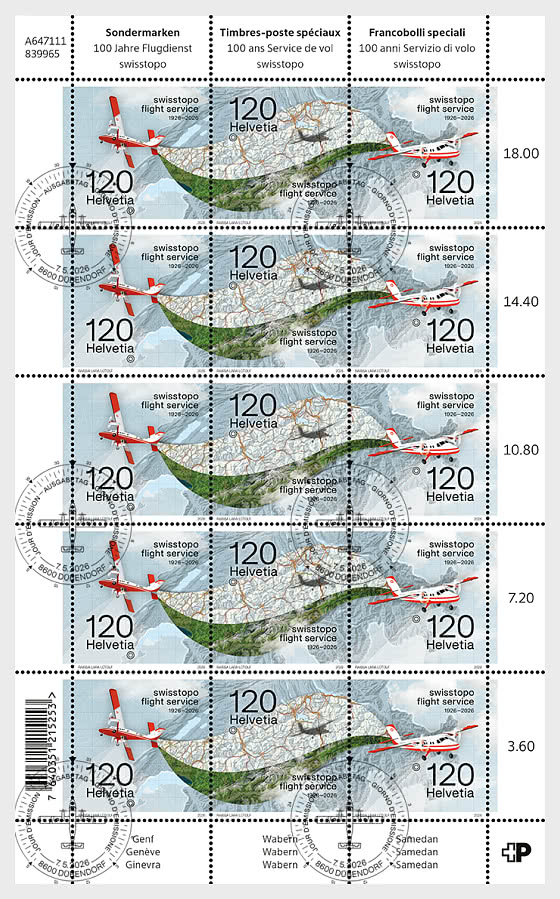 2026 PRE-ORDER 100 Años de Servicio de Vuelos de Swisstopo - Folios enteros CTO