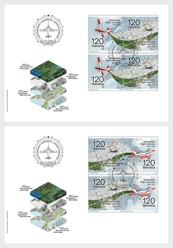 2026 PRE-ORDER 100 лет авиаперевозкам Swisstopo - Блок из 4-х конвертов первого дня