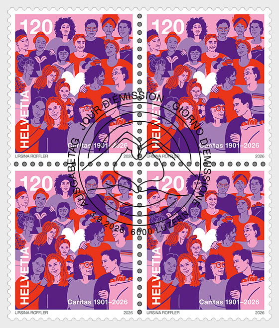 2026 PRE-ORDER 125 Anni di Caritas Svizzera - Bloco di 4 CTO