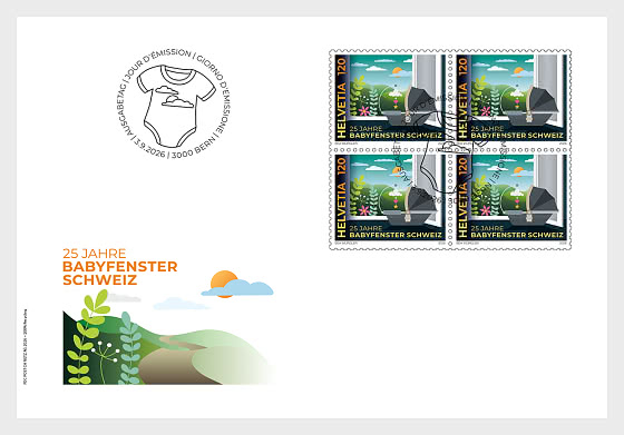 2026 PRE-ORDER Finestra per Bambini da 25 Anni in Svizzera - FDC bloco di 4