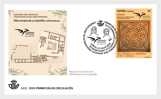 2026 EUROMED - Mosaïques Méditerranéennes Traditionnelles, Villa Romaine de La Quintilla, Lorca (Murcie) - Enveloppes de Premier Jour