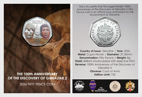 2026 - 100th Anniversary of the Discovery of Gibraltar 2 Coloured 50p Coin - Coin Card