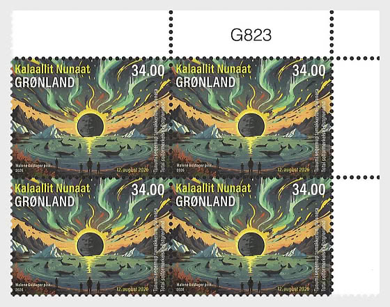 2026 Total Solar Eclipse Over Eastern Greenland - A Celestial Moment on Stamps - Upper Marginal - Block of 4