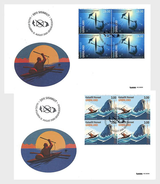 2026 The History and Use of the Kayak - New Series Depicting Greenlandic Cultural History - First Day Cover block of 4
