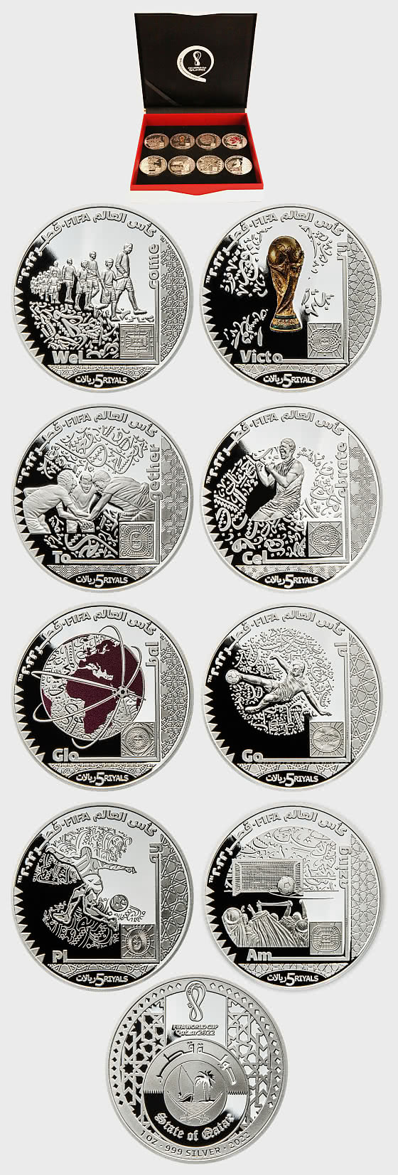 Coupe du Monde de la FIFA 2022 - Ensemble de 8 pièces en argent pur .999 - Piece d'argent