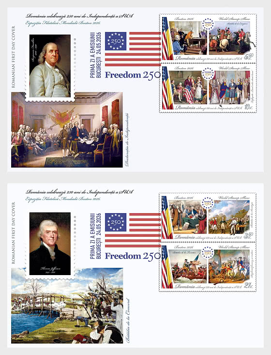 2026 Weltbriefmarkenausstellung in Boston – Rumänien Feiert 250 Jahre Unabhängigkeit der USA - Ersttagbriefe