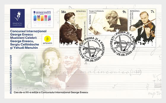 2026 Concorso Internazionale George Enescu - Musicisti Famosi, George Enescu, Sergiu Celibidache e Yehudi Menuhin - FDC